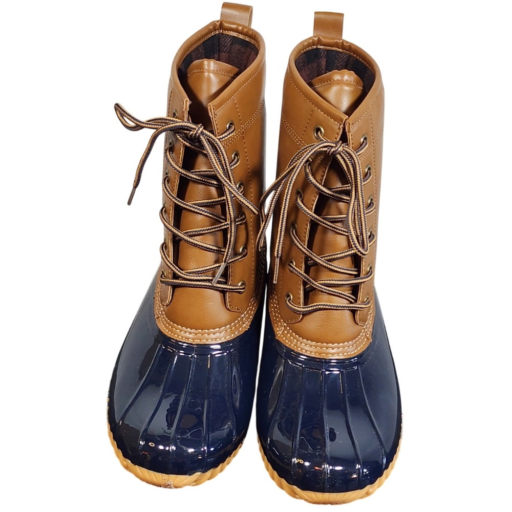 Sporto Ariel Duck Boots Navy Blue Tan Plaid Lined Rain Snow Boots Womens 8.5M